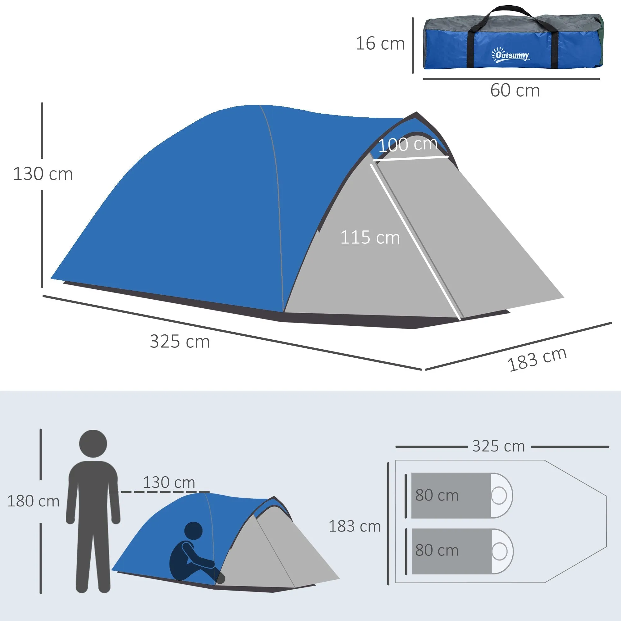 Dome Tent for 2 Person Camping Tent with Large Windows Waterproof Blue and Grey