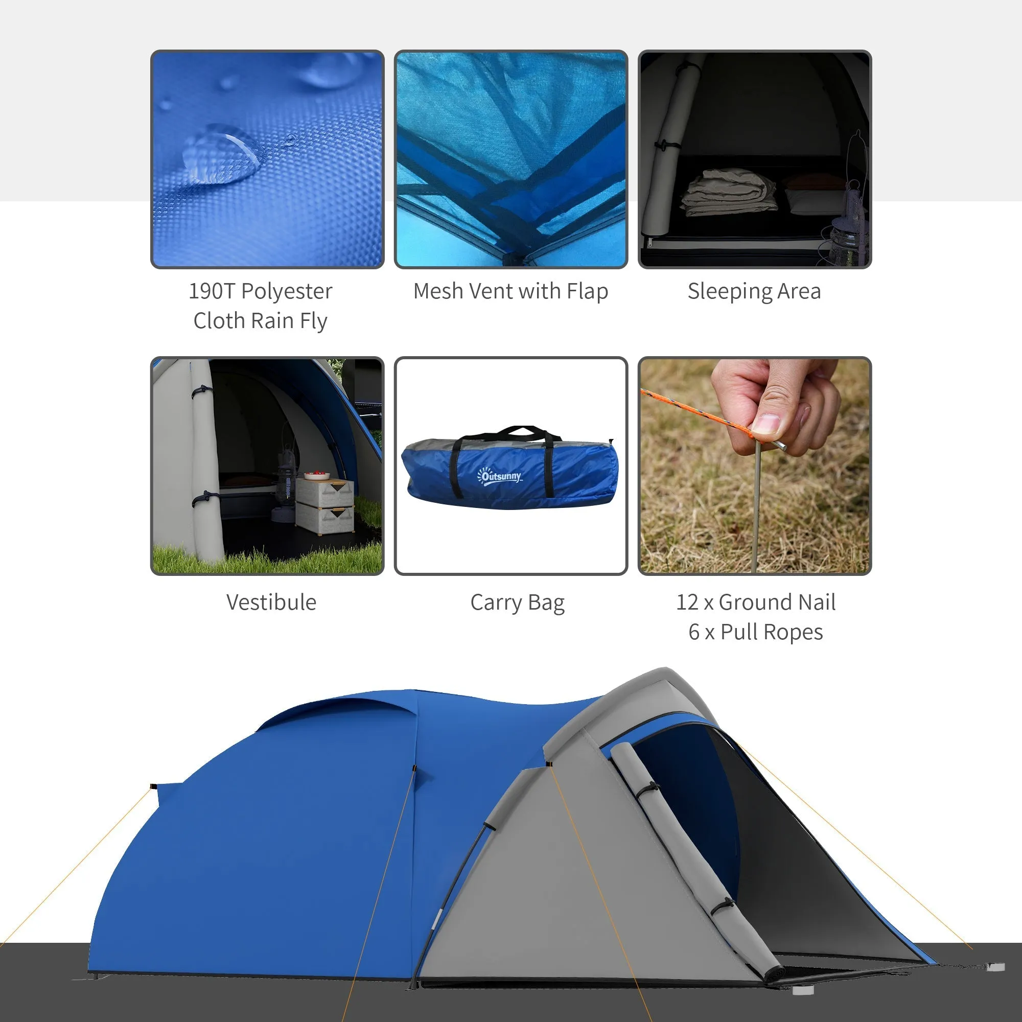 Dome Tent for 2 Person Camping Tent with Large Windows Waterproof Blue and Grey