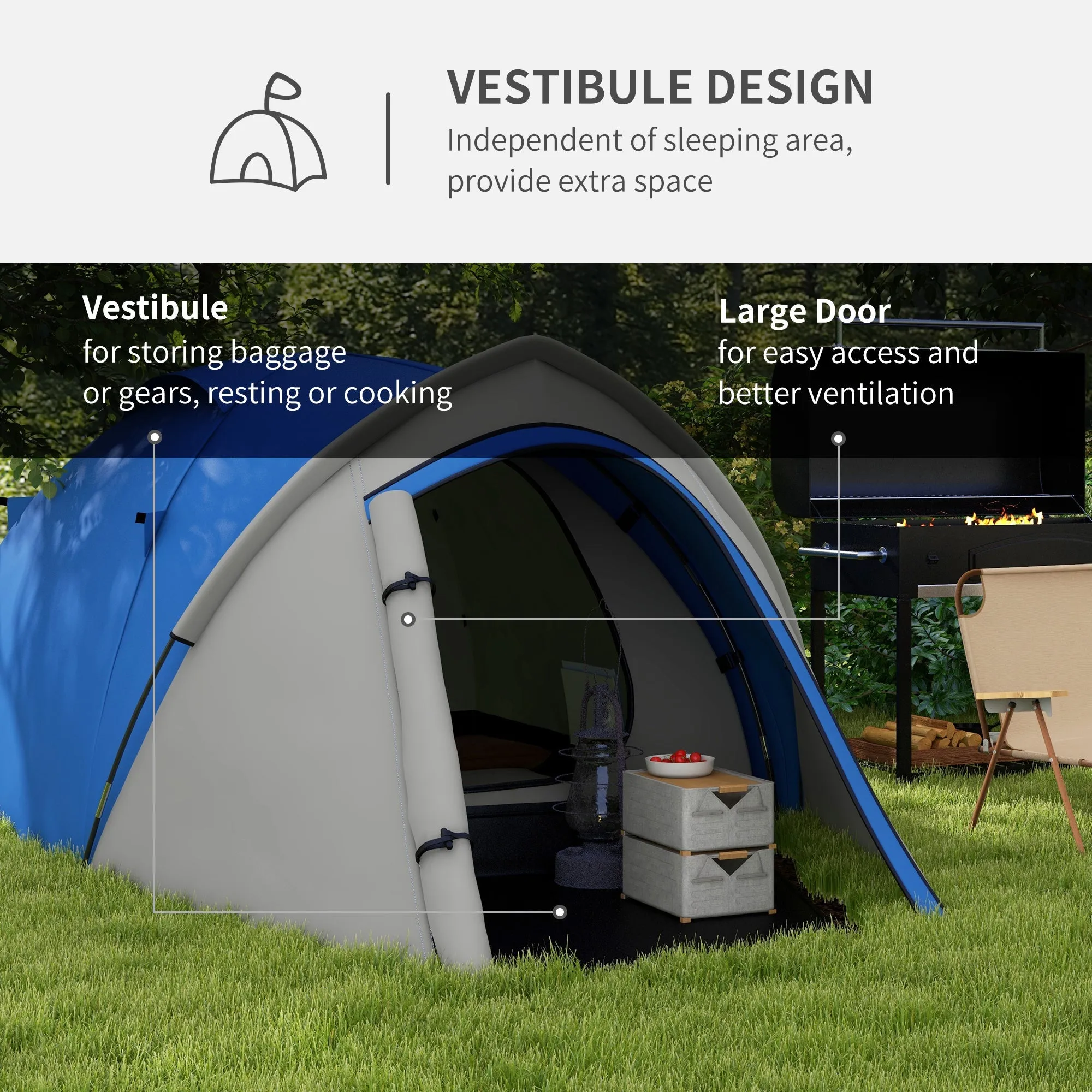 Dome Tent for 2 Person Camping Tent with Large Windows Waterproof Blue and Grey
