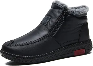 URLECHS Women's Fur Lined Winter Warm Snow Boots Lightweight Waterproof Leather Side Zipper Outdoor Ankle Boots Womens Winter Comfortable Non-Slip Shoes