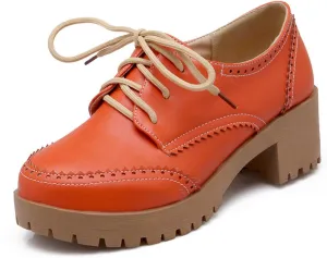 Women's Platform Round Closed Toe Pump Boat Brogue Loafers Lace Up Pull-On Comfortable Chunky Mid Heels Office Concise Work Casual All Weather Fashion Business Dress Shoes